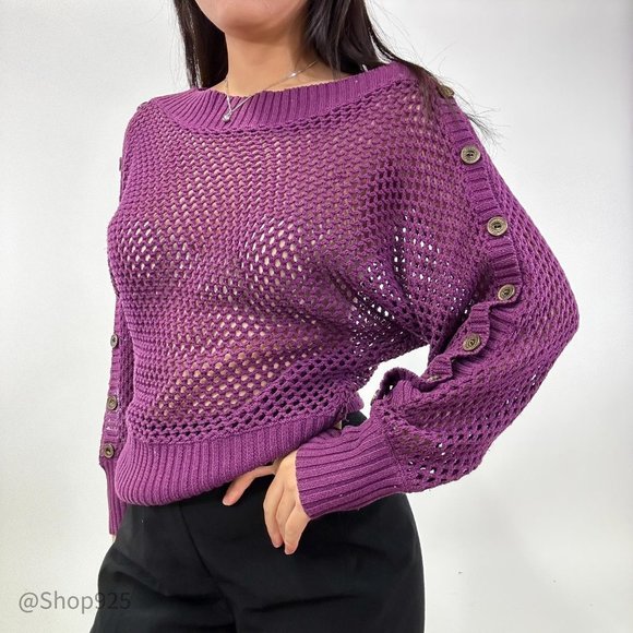 Purple Wide Mesh Long sleeve sweater with button sleeves - Picture 1 of 4